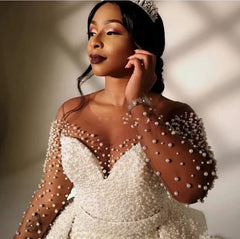 Gorgeous Beads Long Sleeve Wedding Dresses with Pearls | Sheer Tulle Overkirt Mermaid Bridal Dresses