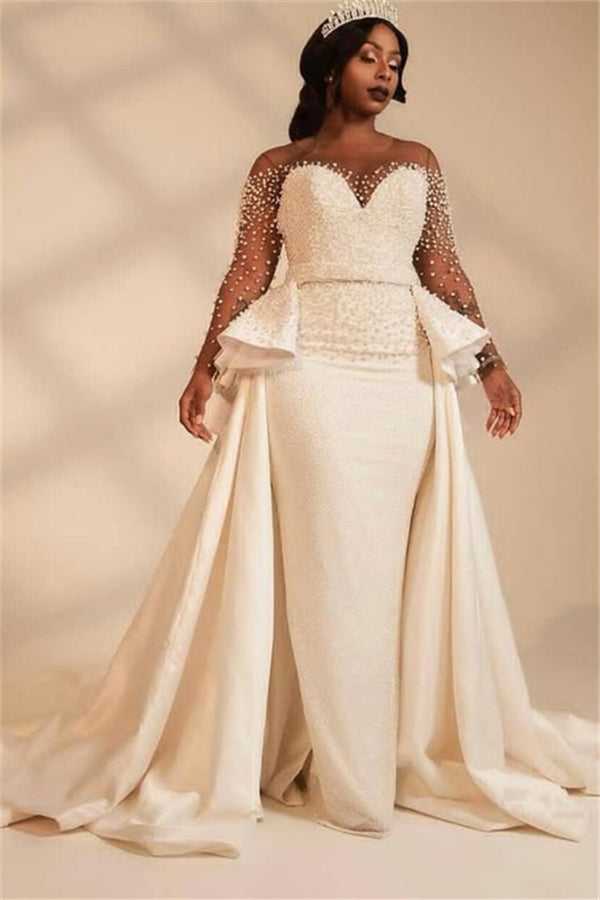 Gorgeous Beads Long Sleeve Wedding Dresses with Pearls | Sheer Tulle Overkirt Mermaid Bridal Dresses