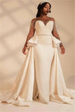 Gorgeous Beads Long Sleeve Wedding Dresses with Pearls | Sheer Tulle Overkirt Mermaid Bridal Dresses