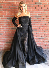 Gorgeous Black Long Sleeves Evening Gowns Sheath Beads Prom Dresses with Over-Skirt