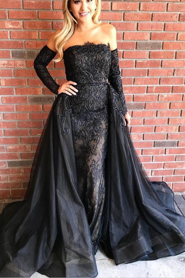 Gorgeous Black Long Sleeves Evening Gowns Sheath Beads Prom Dresses with Over-Skirt
