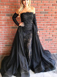 Gorgeous Black Long Sleeves Evening Gowns Sheath Beads Prom Dresses with Over-Skirt