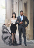 Gorgeous Black and White Long Sleeve Prom Dress Lace Crystal Tulle Evening Gowns BA6242