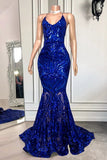 Gorgeous Blue Sequins Lace Sleeveless Floor-length Mermaid Prom Dresses