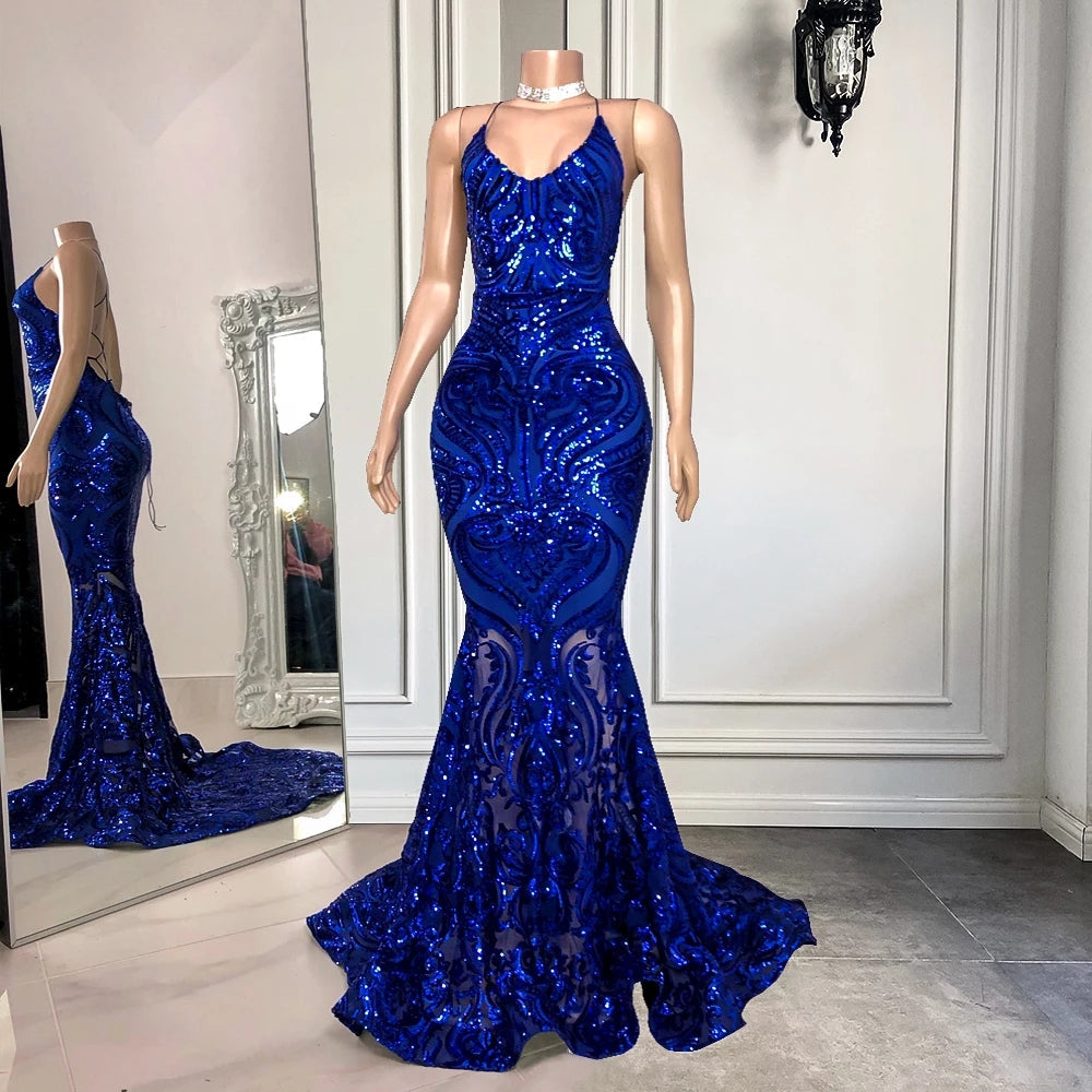 Gorgeous Blue Sequins Lace Sleeveless Floor-length Mermaid Prom Dresses
