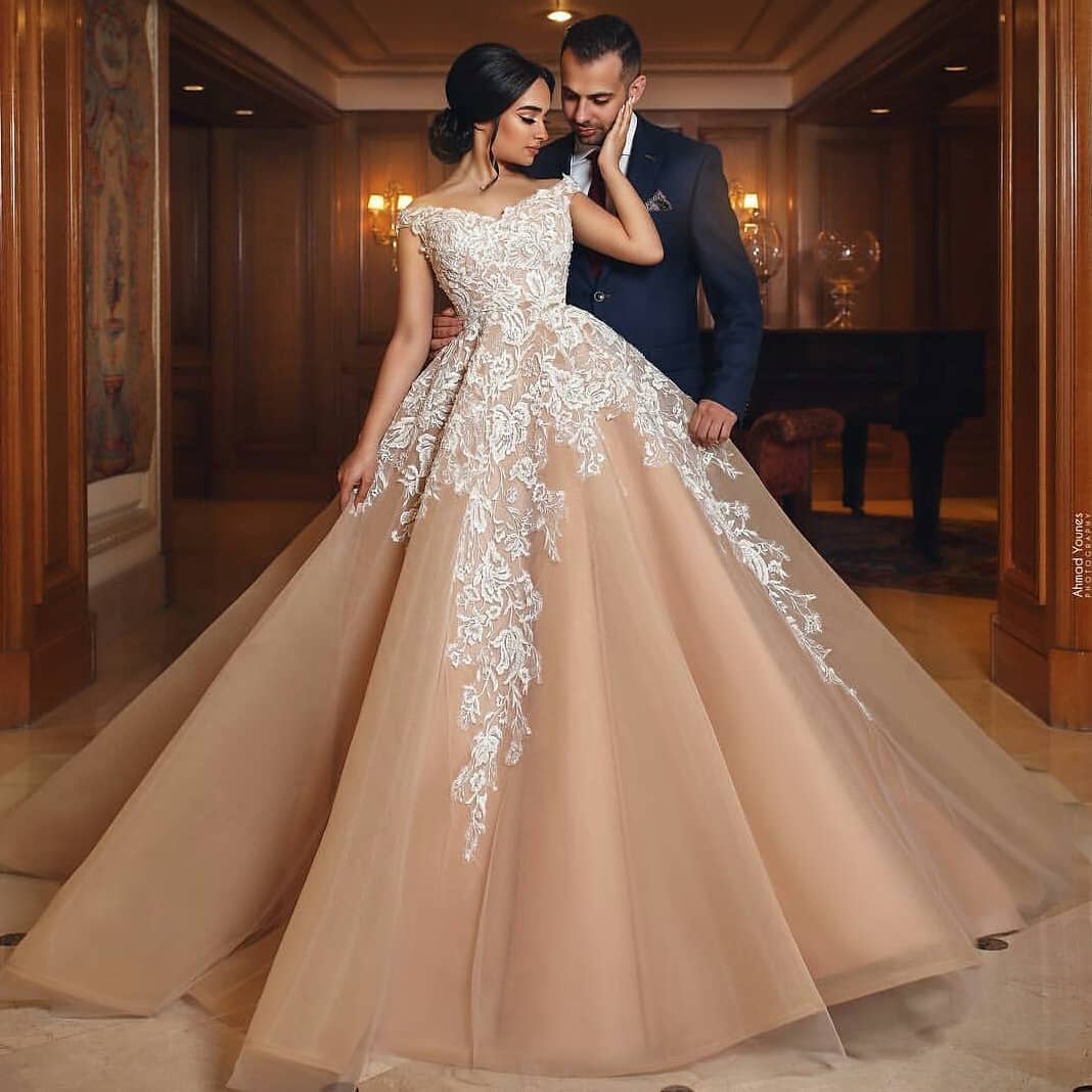 Gorgeous Champagne Appliques Wedding Dresses | A Line Off-the-shoulder Bridal Gowns
