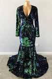 Gorgeous Dark Green V-neck Long Sleeve Floor-length Mermaid Prom Dresses