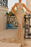 Gorgeous Gold Long Glitter High Neck Mermaid Sleeveless Prom Dress