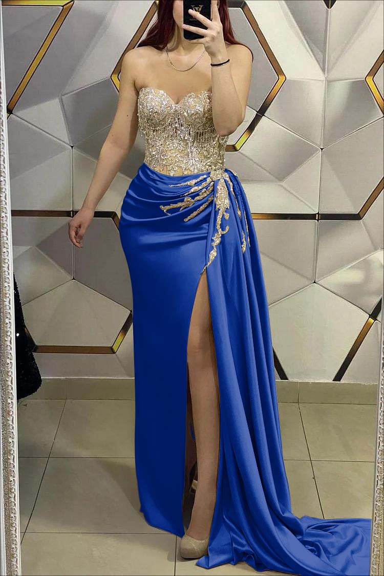 Gorgeous Gold Prom Dress Sweetheart Strapless Sleeveless Pleated Long Split With Beading