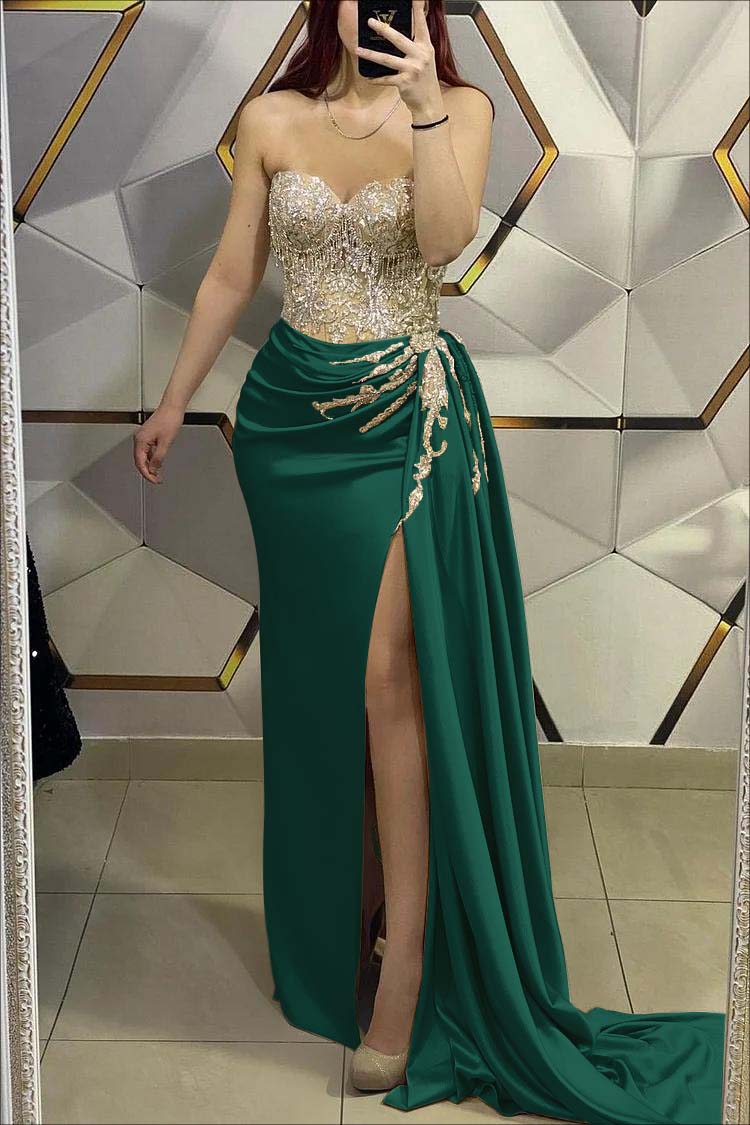 Gorgeous Gold Prom Dress Sweetheart Strapless Sleeveless Pleated Long Split With Beading
