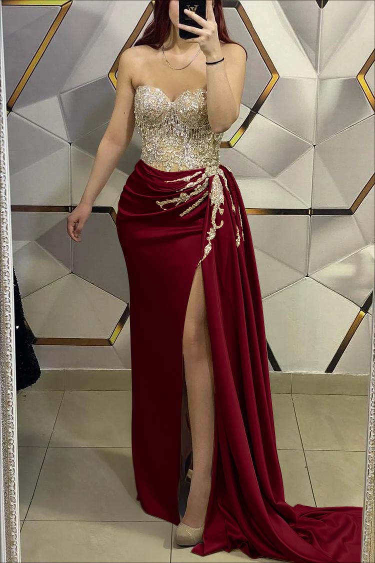 Gorgeous Gold Prom Dress Sweetheart Strapless Sleeveless Pleated Long Split With Beading