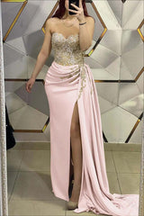 Gorgeous Gold Prom Dress Sweetheart Strapless Sleeveless Pleated Long Split With Beading