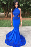 Gorgeous Halter Royal Blue Mermaid Prom Dresses Beading Evening Gowns BA4973