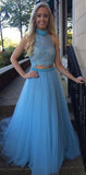 Gorgeous High Collar Two Piece Prom Dress Beading Handmade Tulle Evening Gown