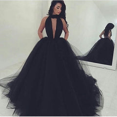 Gorgeous High Neck Keyhole Prom Dresses Black Puffy Tulle Popular Evening Dress BA4184