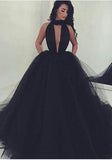 Gorgeous High Neck Keyhole Prom Dresses Black Puffy Tulle Popular Evening Dress BA4184