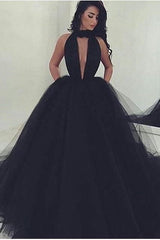 Gorgeous High Neck Keyhole Prom Dresses Black Puffy Tulle Popular Evening Dress BA4184