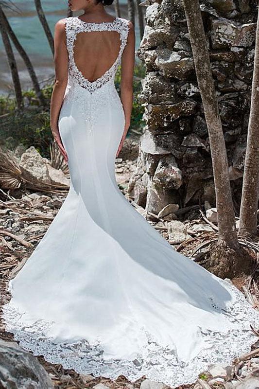 Gorgeous Jewel Satin Lace White Backless Mermaid Wedding Dresses