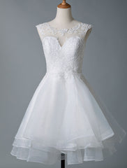 Gorgeous Jewel Sleeveless Lace Ruffles White Short Wedding Dresses