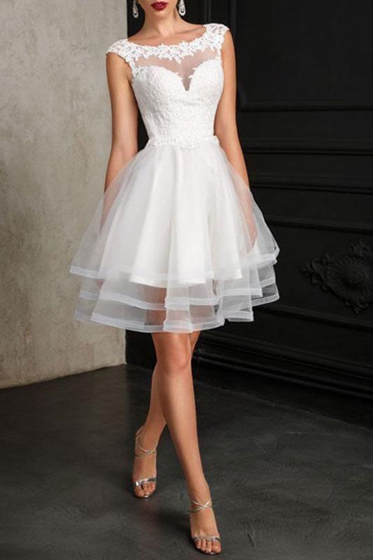 Gorgeous Jewel Sleeveless Lace Ruffles White Short Wedding Dresses