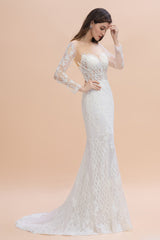 Gorgeous Jewel Tulle Lace Wedding Dress | Long Sleeves Appliques Mermaid Bridal Gowns