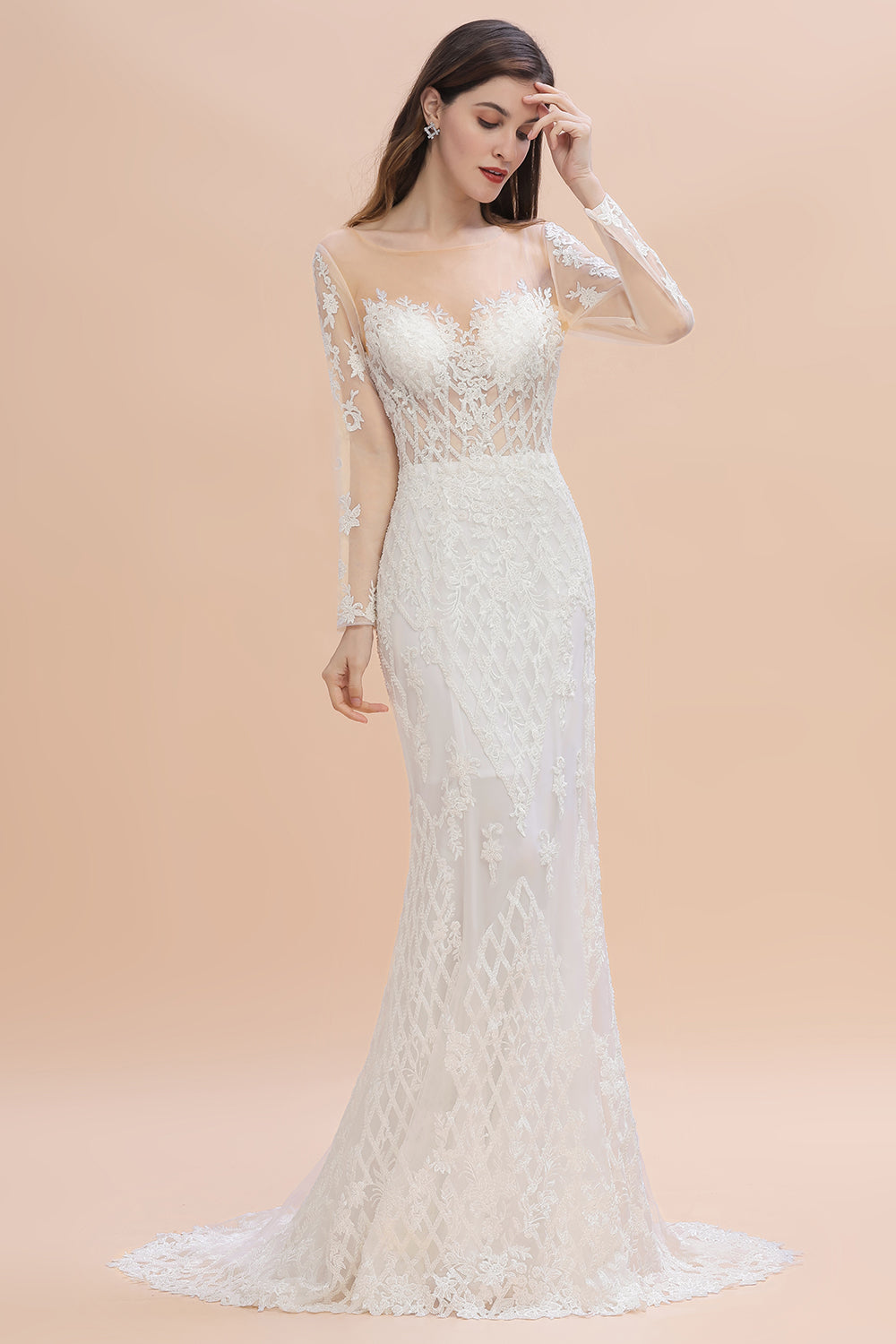 Gorgeous Jewel Tulle Lace Wedding Dress | Long Sleeves Appliques Mermaid Bridal Gowns