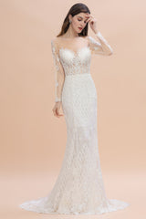 Gorgeous Jewel Tulle Lace Wedding Dress | Long Sleeves Appliques Mermaid Bridal Gowns
