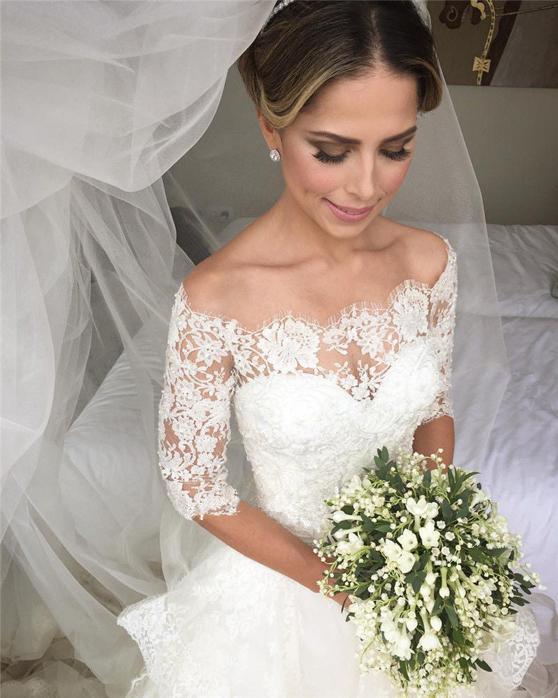 Gorgeous Lace Half Sleeve Wedding Dresses Ruffles Organza Bridal Dresses