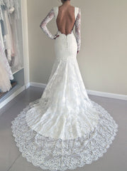 Gorgeous Lace Mermaid Backless Sweep Train Long Sleeve Beach Wedding Dresses