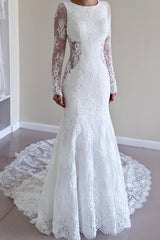 Gorgeous Lace Mermaid Backless Sweep Train Long Sleeve Beach Wedding Dresses