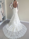 Gorgeous Lace Mermaid Backless Sweep Train Long Sleeve Wedding Dresses