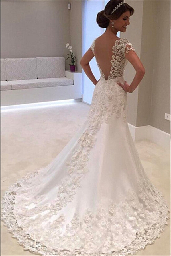 Gorgeous Lace Short Sleeves Bride Dresses Mermaid Wedding Dress