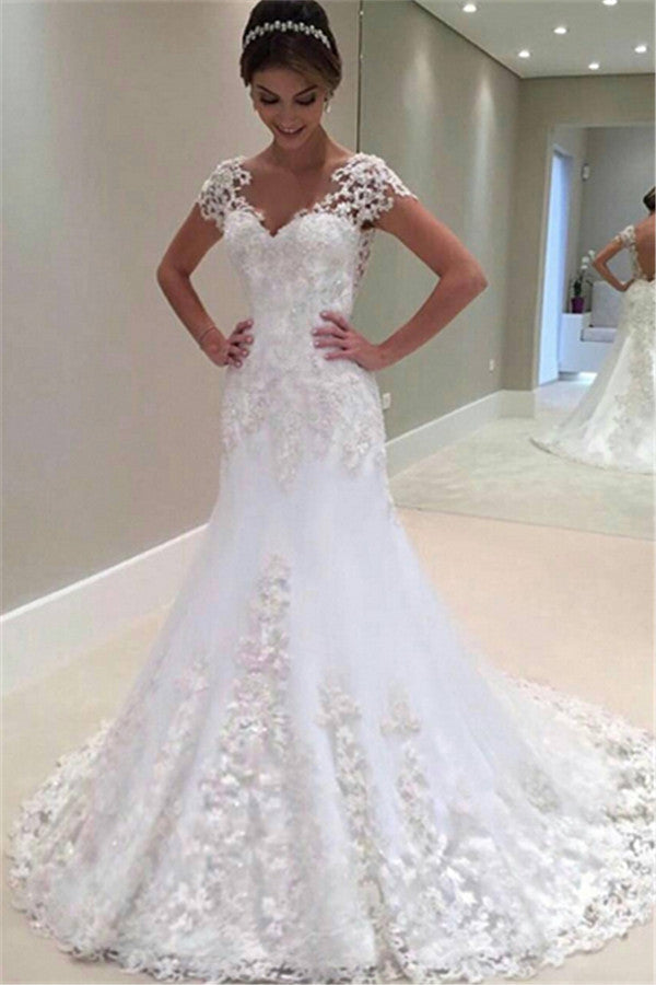 Gorgeous Lace Short Sleeves Bride Dresses Mermaid Wedding Dress