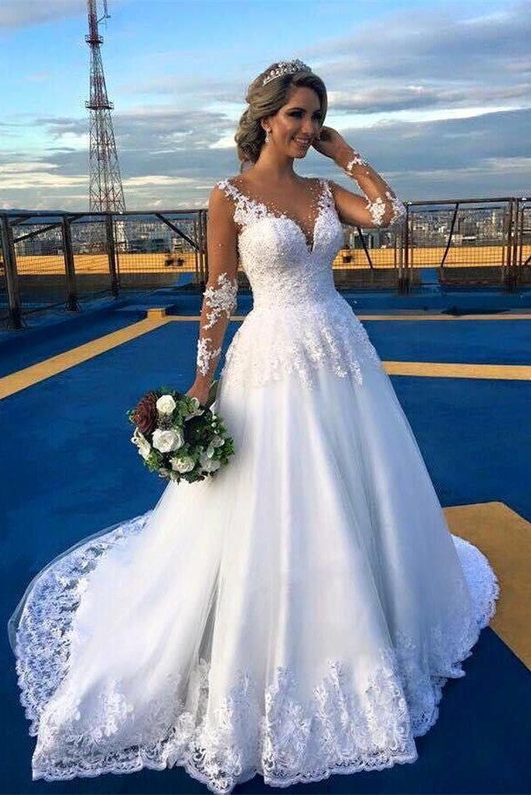 Gorgeous Lace Sweep Train Bridal Gown Long Sleeve Tulle Wedding Dresses BA6360