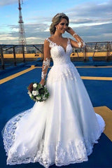 Gorgeous Lace Sweep Train Bridal Gown Long Sleeve Tulle Wedding Dresses BA6360
