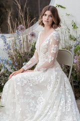 Gorgeous Long A-Line V-neck Lace Bridal Gowns With Long Sleeves