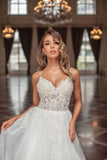 Gorgeous Long A-line V-neck Tulle Sleeveless Bridal Gowns With Lace