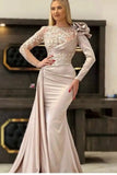 Gorgeous Long Champagne Mermaid Lace Formal Wears With Long Sleeves