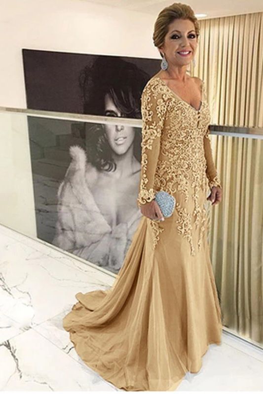 Gorgeous Long Mermaid V-neck Tulle Appliques Lace Evening Dresses with Sleeves