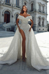 Gorgeous Long Off-the-shoulder Sequined Bridal Dress With Split