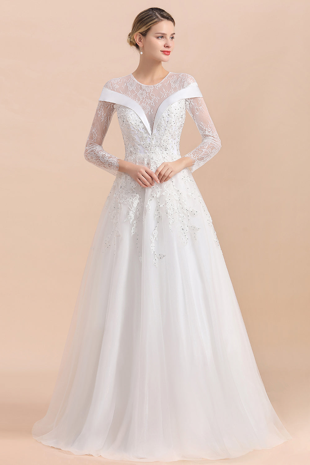 Gorgeous Long Sleeve Lace Wedding Dress | Appliques Bridal Gowns With Beadings