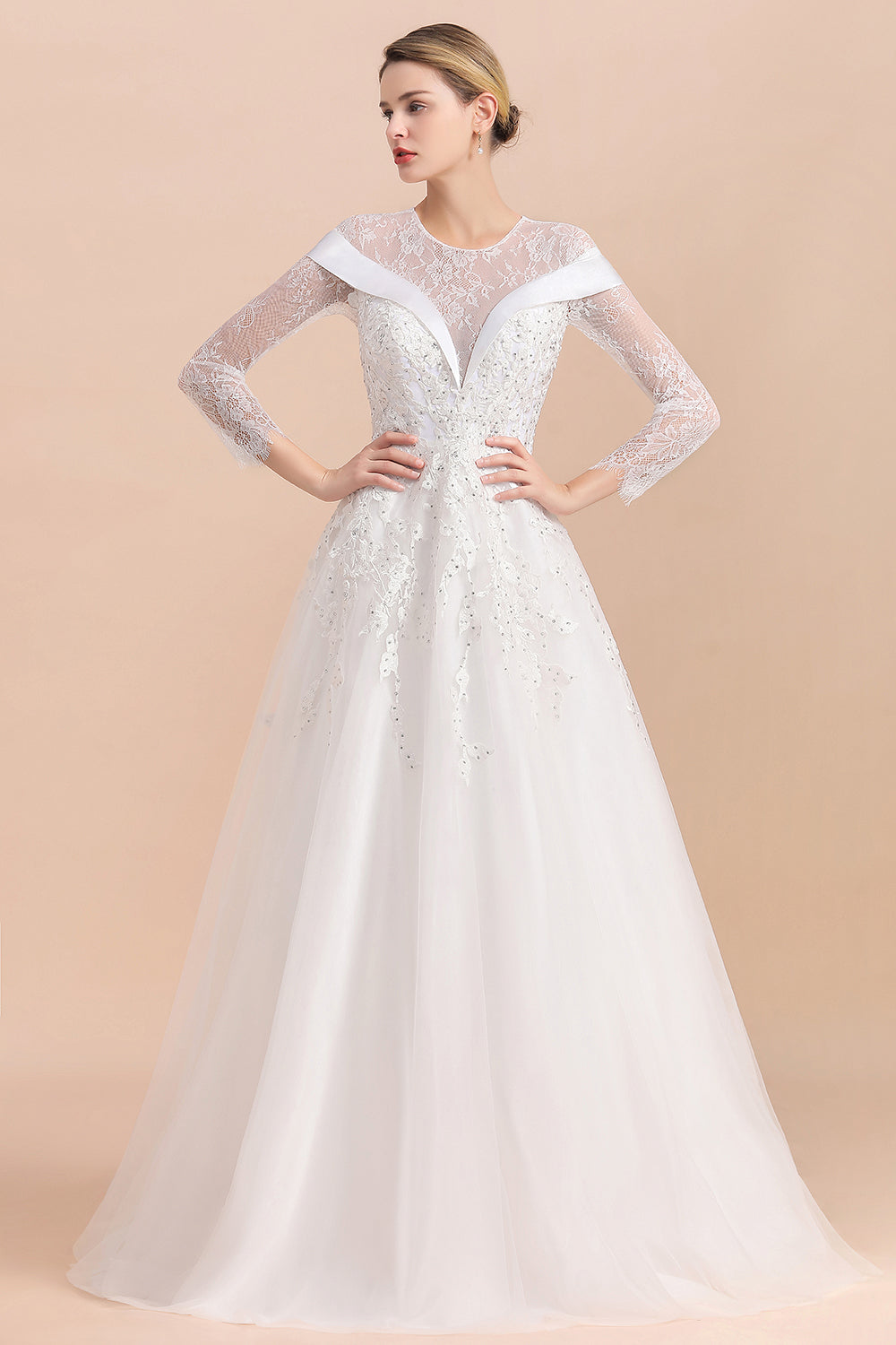 Gorgeous Long Sleeve Lace Wedding Dress | Appliques Bridal Gowns With Beadings