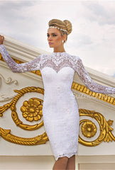 Gorgeous Long Sleeve Lace Wedding Dresses Sheath Jewel Knee-Length Bridal Gowns