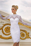 Gorgeous Long Sleeve Lace Wedding Dresses Sheath Jewel Knee-Length Bridal Gowns