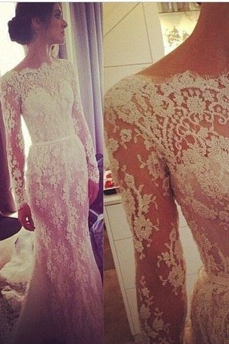 Gorgeous Long Sleeve Mermaid Wedding Dress Latest Lace Applique Custom Made Bridal Gown