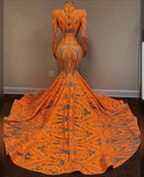 Gorgeous Long Sleeve Orange Mermaid Prom Dress Sequins Lace