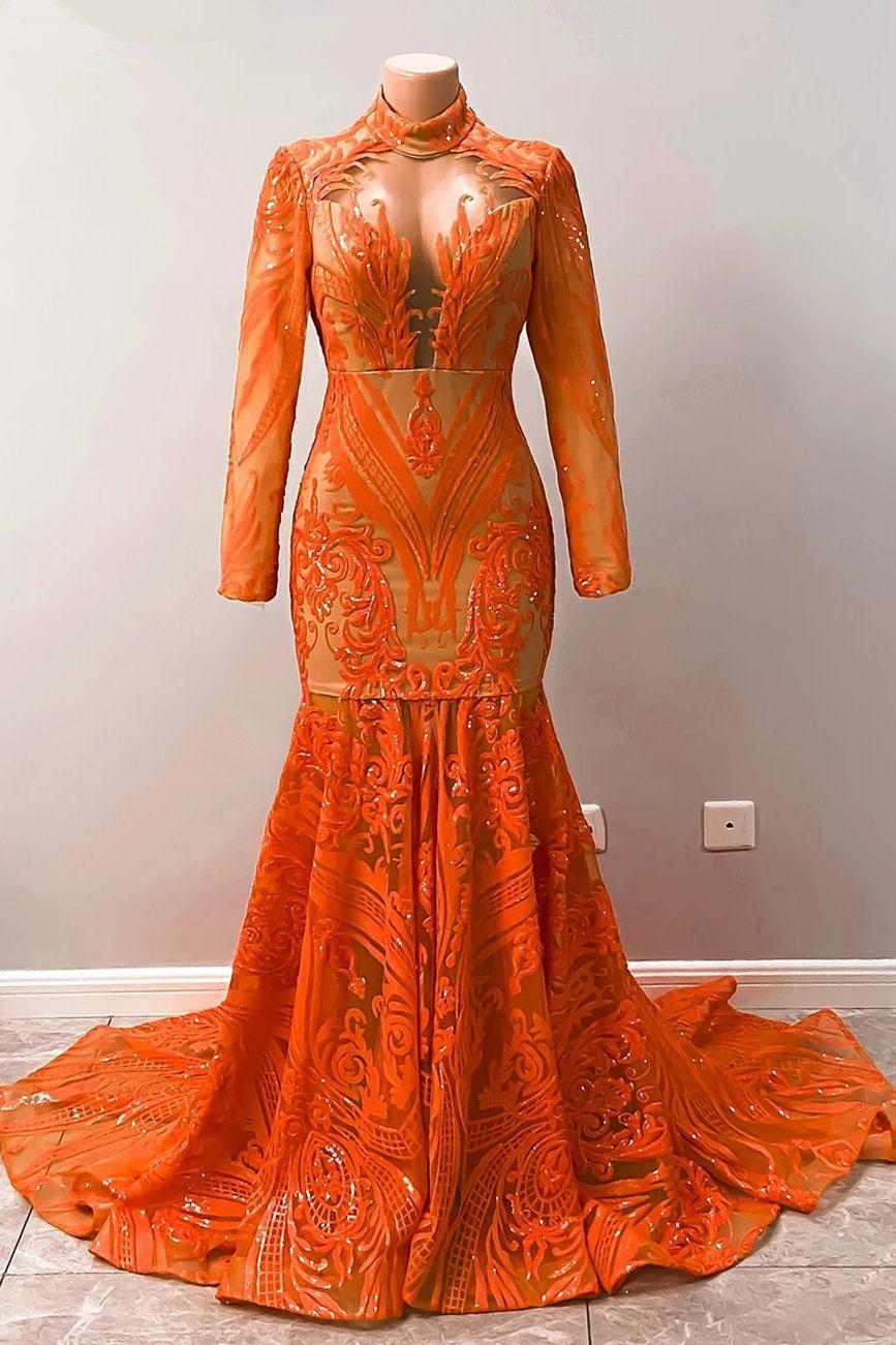 Gorgeous Long Sleeve Orange Mermaid Prom Dress Sequins Lace | Suzhoufashion suzhoufashion Gorgeous Long Sleeve Orange Mermaid Prom Dress Sequins Lace | Suzhoufashion suzhoufashion