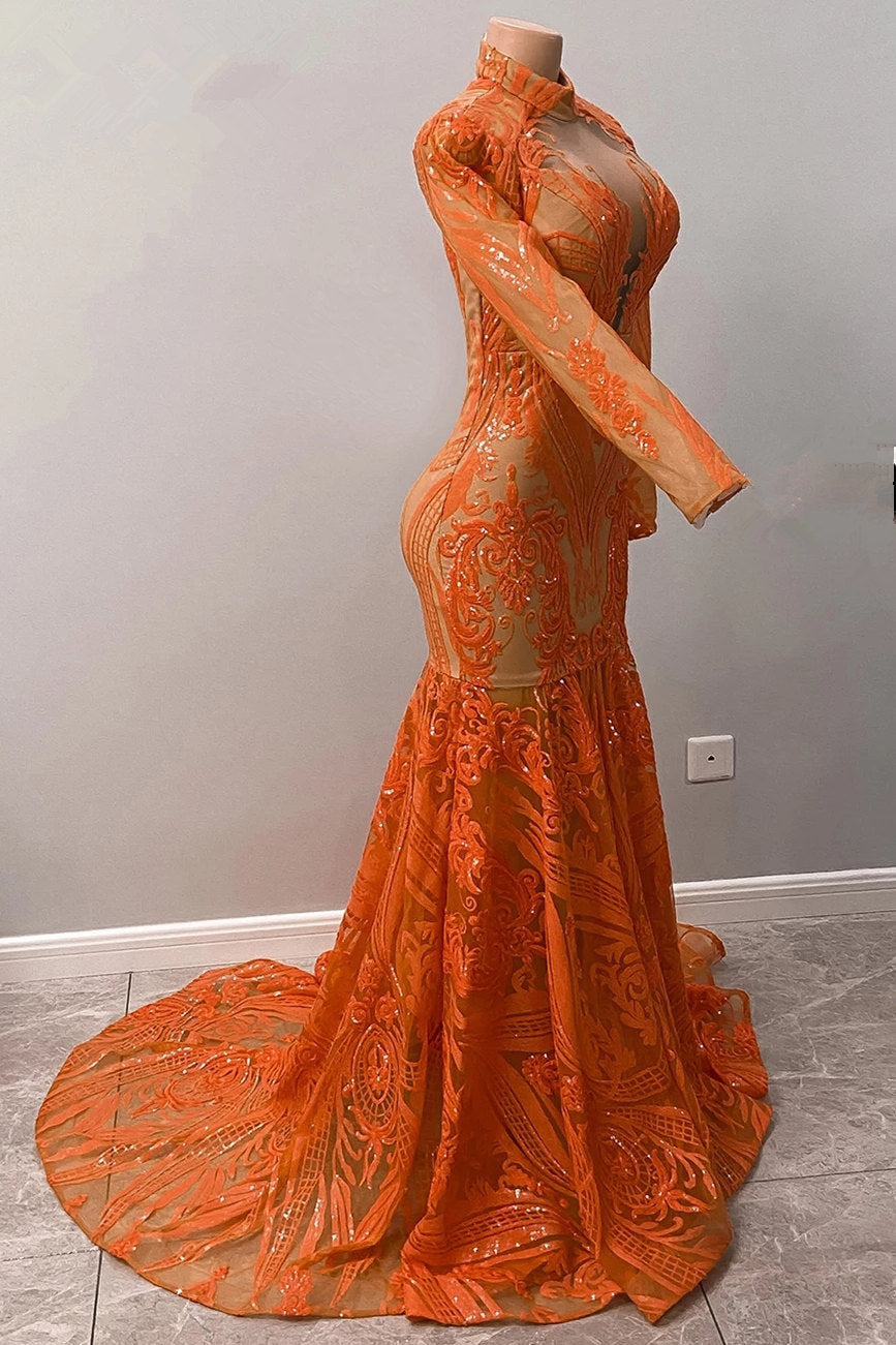 Gorgeous Long Sleeve Orange Mermaid Prom Dress Sequins Lace