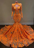 Gorgeous Long Sleeve Orange Mermaid Prom Dress Sequins Lace
