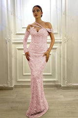 Gorgeous Long Sleeve Prom Dress One Shoulder Mermaid Lavender Evening Formal Dress With Sequins